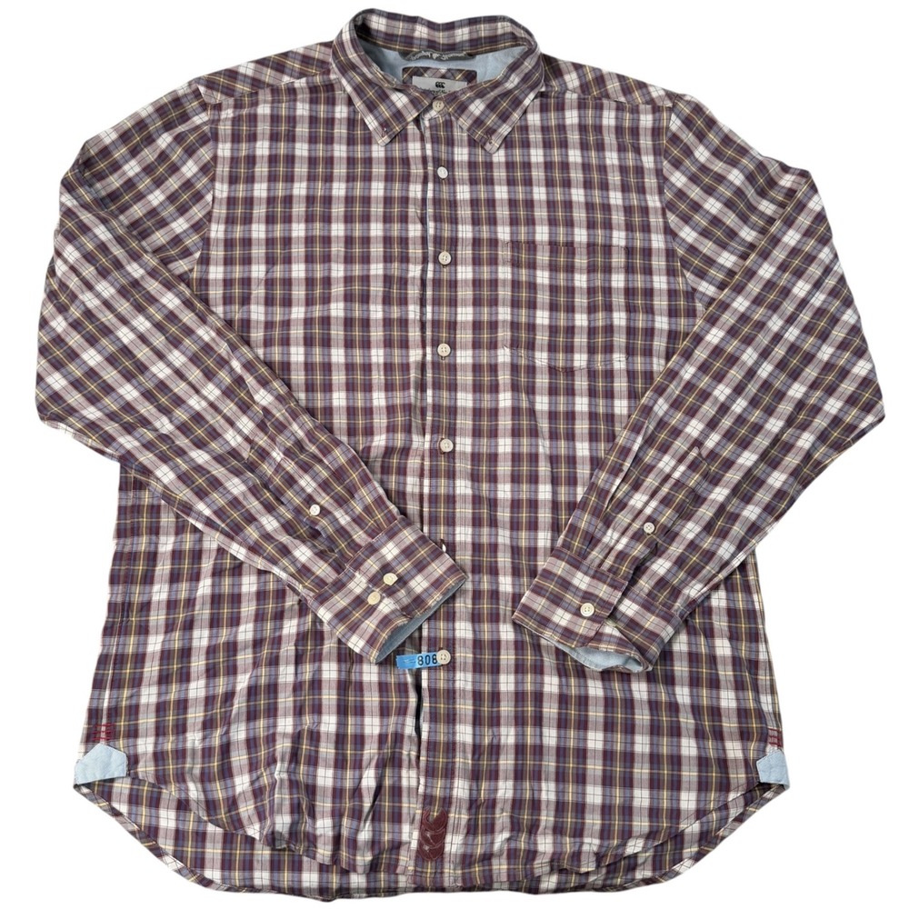 VTG Canterbury of New Zealand Large Plaid Button Front‎ Cotton Shirt Maroon Blue